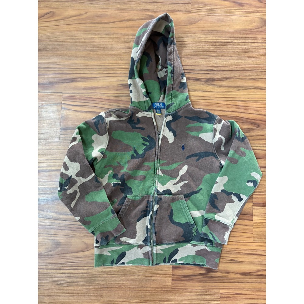 Boys Polo Ralph Lauren hoodie green brown camouflage print full-zip sz 10-12